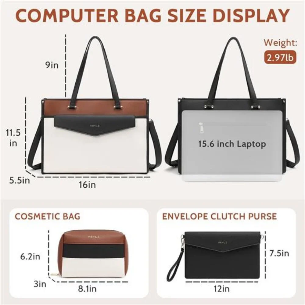 3pcs Laptop Bag for Women 15.6 Inch Leather Work Tote Bags Professional Business
